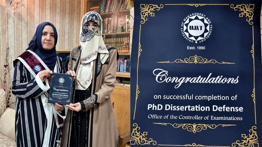 Dr Ghazala Qadri congratulates Shazia Butt on completing PhD